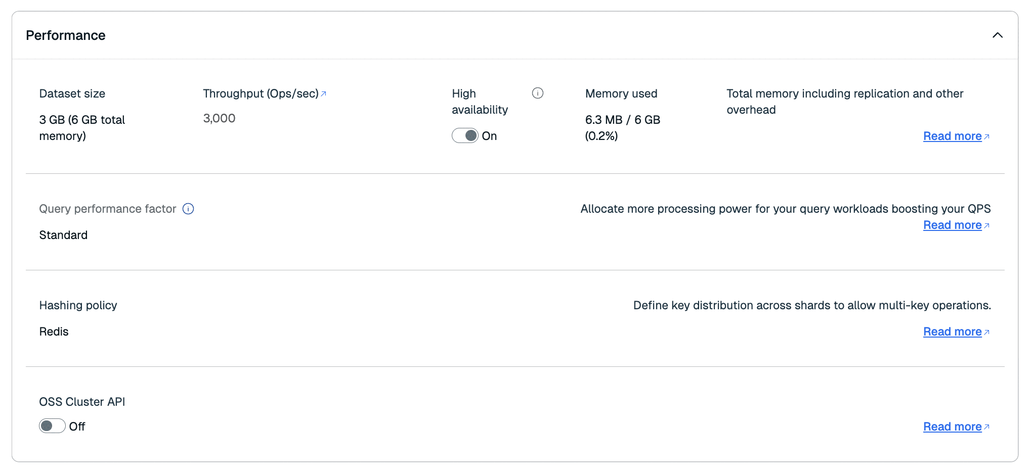 Use the Performance section to control the size, throughput, and hashing policy for a database.